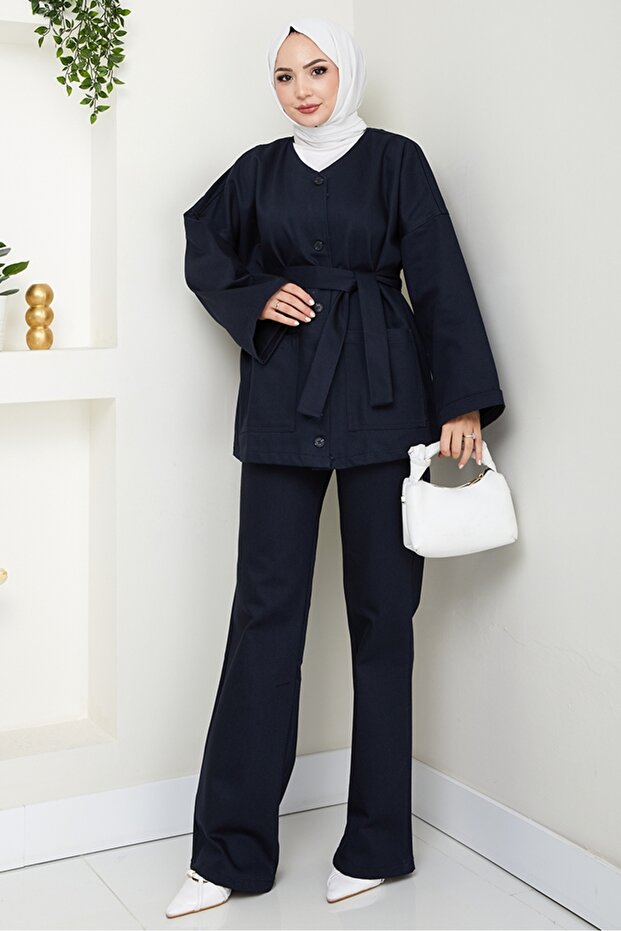 Belted Jacket Trousers Gabardine Suit 1557 - Navy Blue