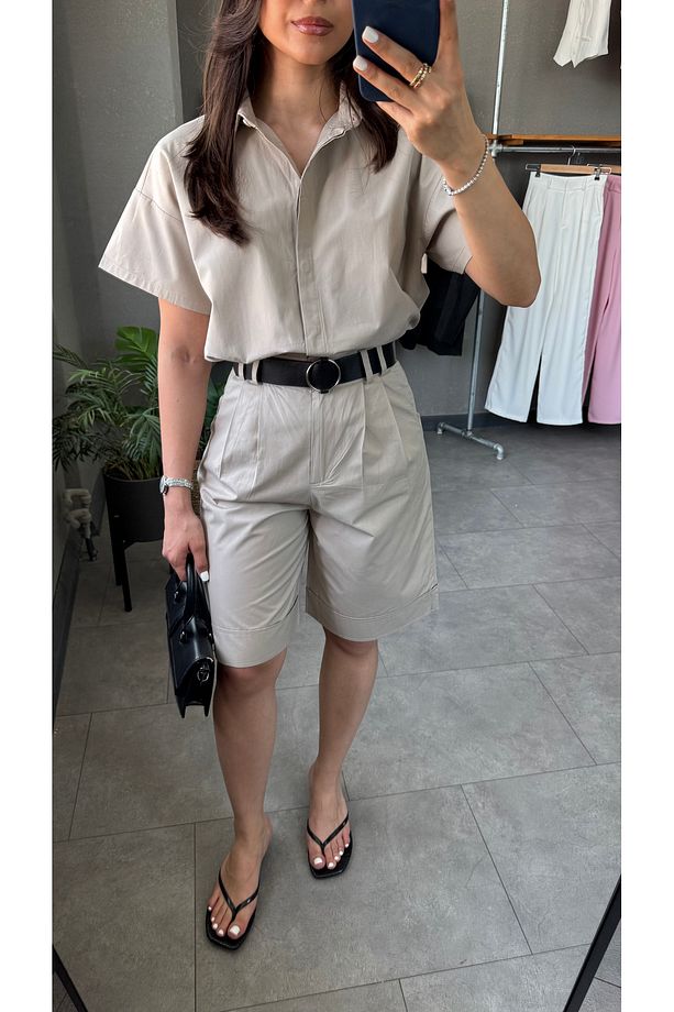 Gabardin Gömlek Kemerli Bermuda Şort Takım - 7