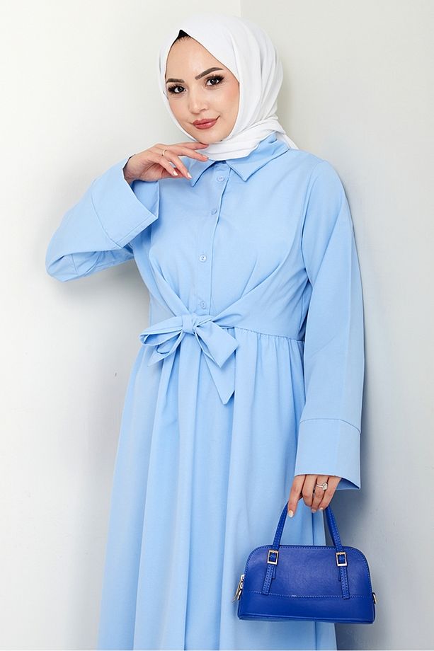 Renda Belden Bağlamalı Elbise 1467 - Bebe Mavisi - 3