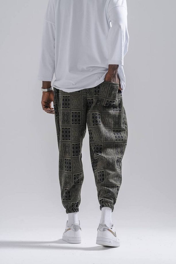 Erkek Kareli Desenli Haki Jogger Şalvar Pantolon - 5