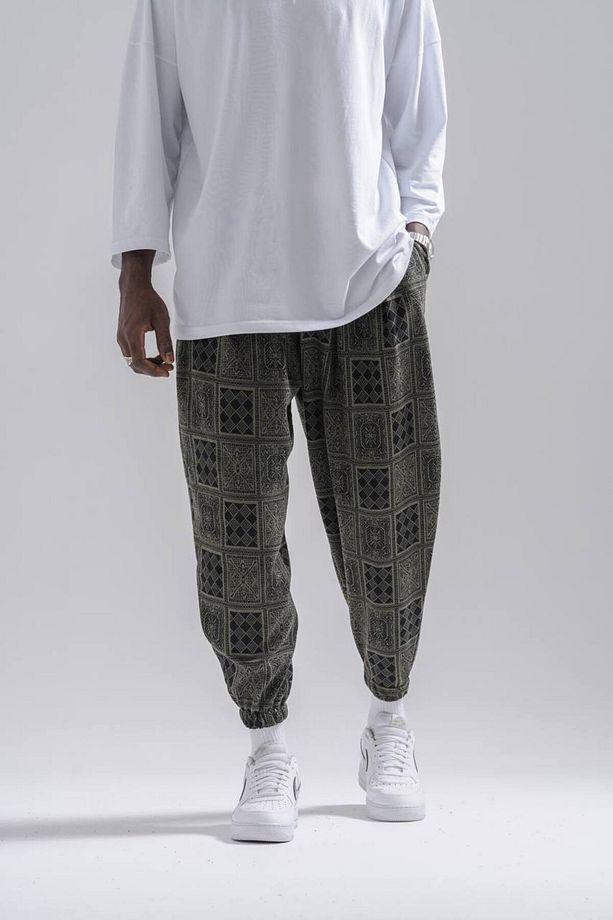 Erkek Kareli Desenli Haki Jogger Şalvar Pantolon - 4