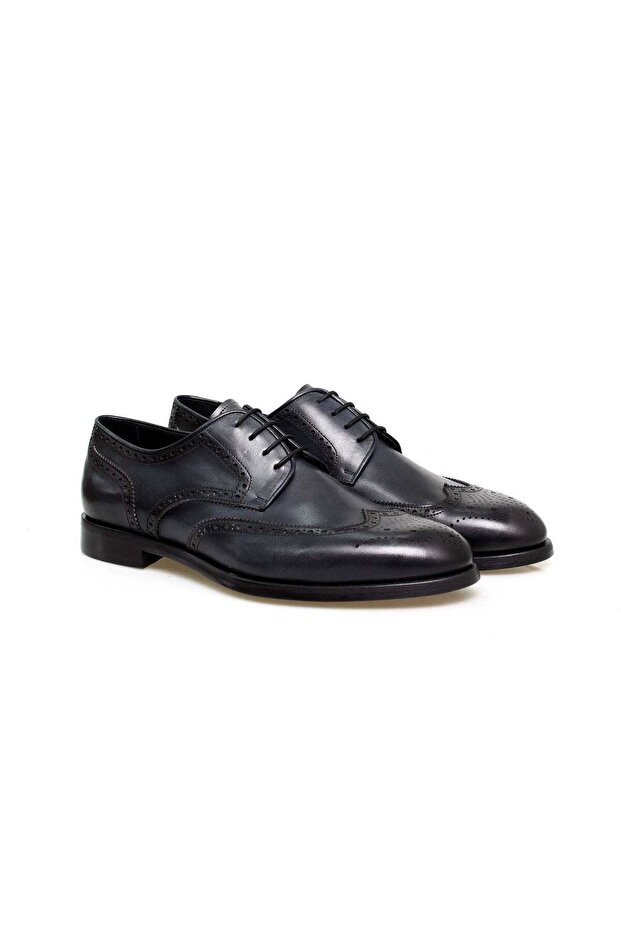 Dark Blue Color Lace-Up Genuine Leather Men's Shoes