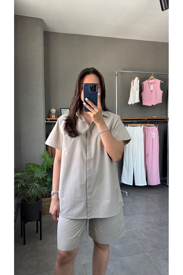 Gabardin Gömlek Kemerli Bermuda Şort Takım - 3
