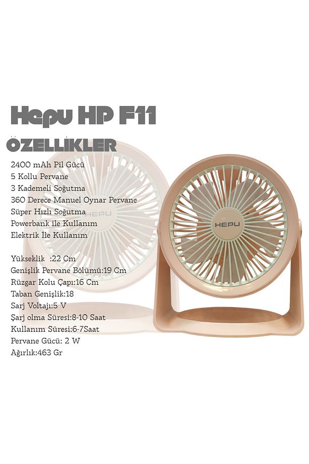 HP F06 Masa Üstü Şarjlı Vantilatör Hızlı Soğutma 2400 mAh Led Aydınlatmalı 5 Kollu 3 Kademeli - 4