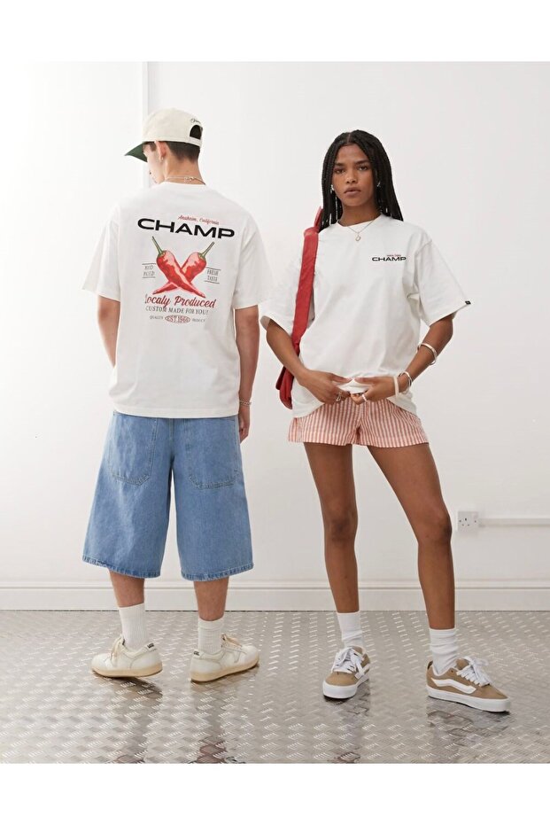 Unisex White Oversize Champ Written Back Pepper Printed T-Shirt