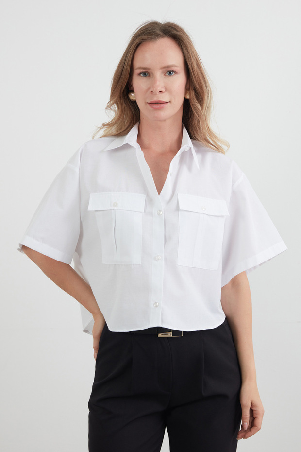 Basic Çift Cepli Arkası Uzun Crop Gömlek - 1