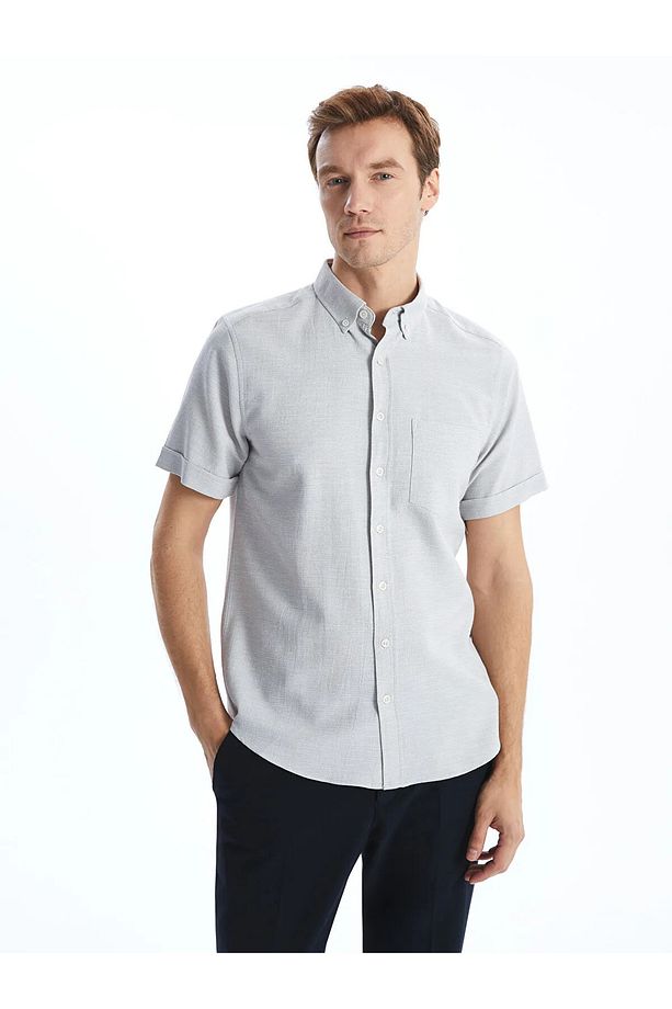 Regular Fit Kısa Kollu Armürlü Erkek Gömlek - 4