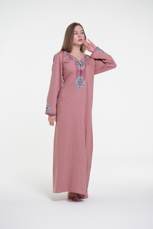 Ladies Printed Jalabiya - Full-Sleeve crepe Dress with belt