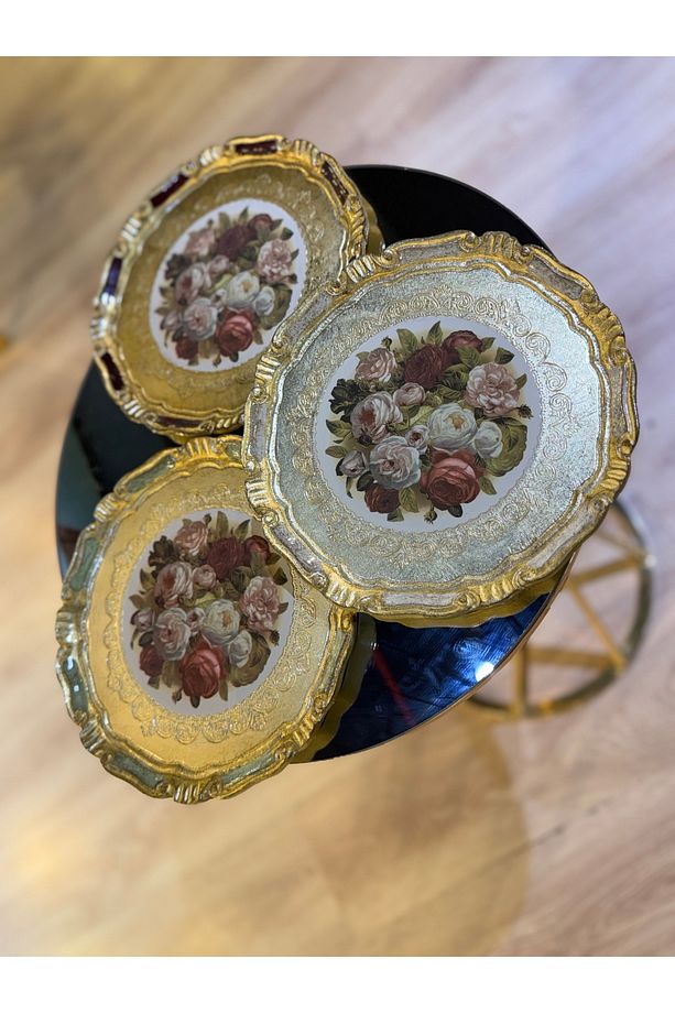 ESTERHOMEDECOR 3 Adet tek kişilik yuvarlak orijinal Gül ağacı sunum tepsisi 30cm - 3