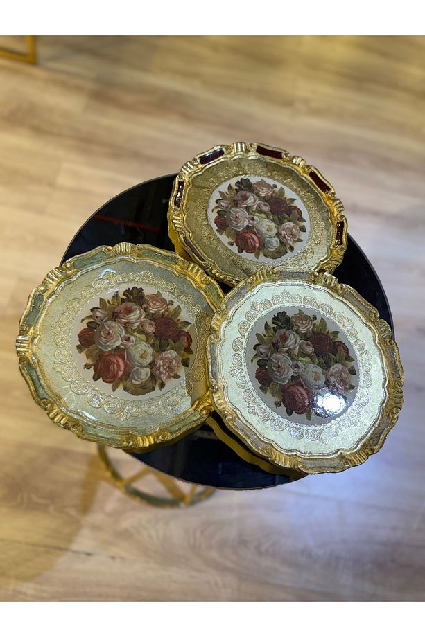 ESTERHOMEDECOR 3 Adet tek kişilik yuvarlak orijinal Gül ağacı sunum tepsisi 30cm - 6