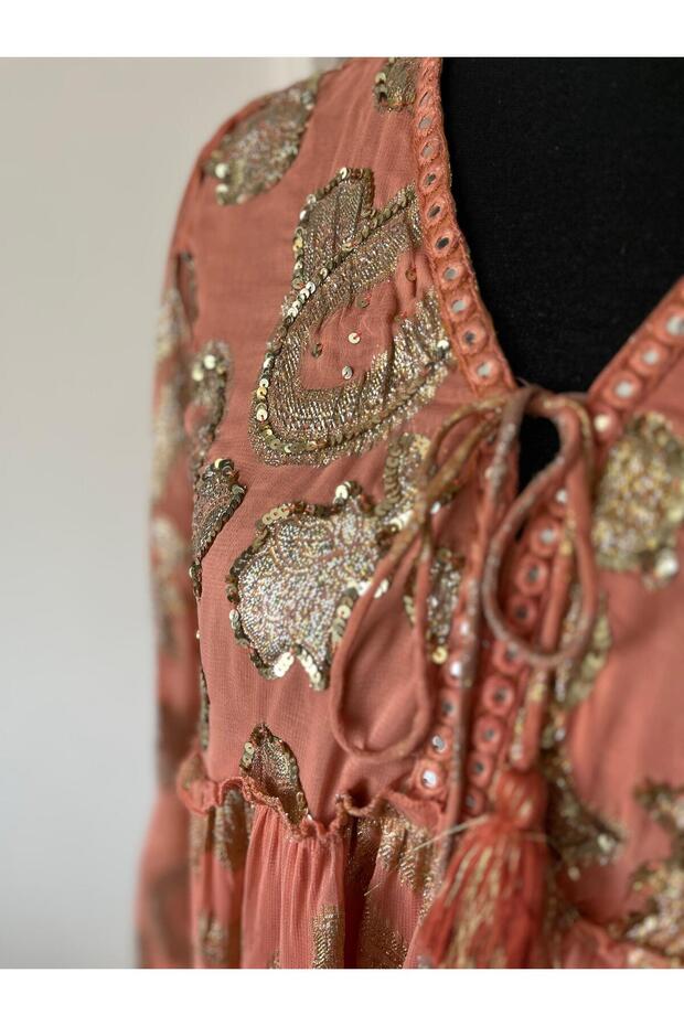 İthal İşlemeli Boncuklu Hint Elbise - 3