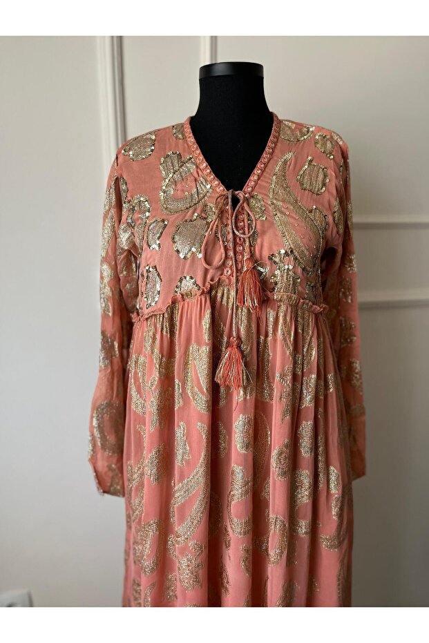 İthal İşlemeli Boncuklu Hint Elbise - 2