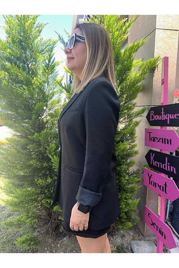Kadın Siyah Tek Düğmeli Basic Blazer Ceket - 2