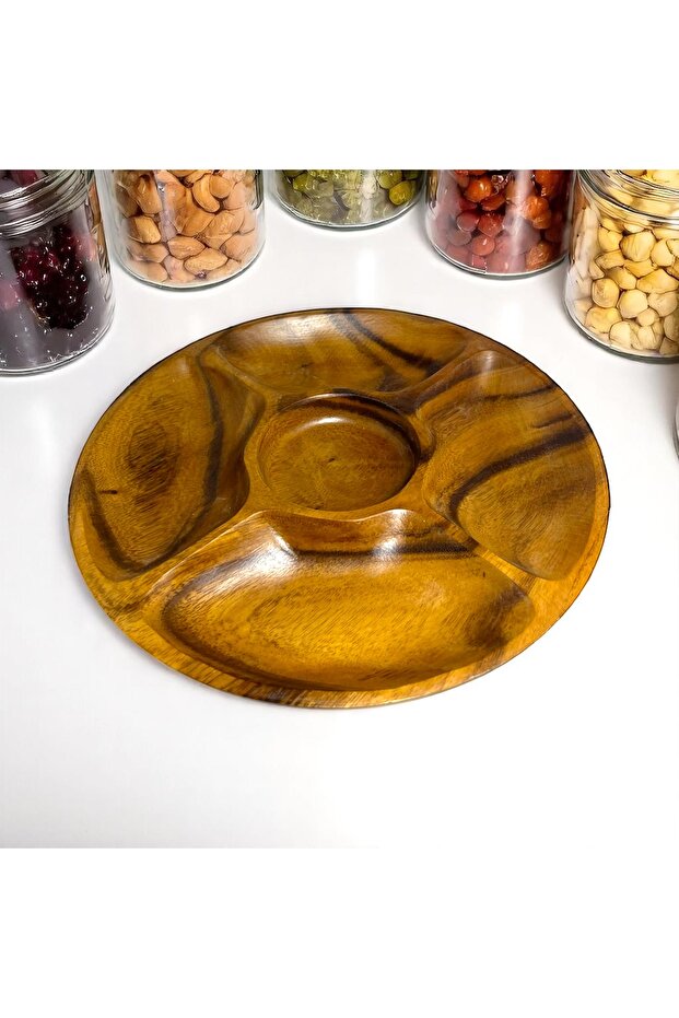 Natural Wooden Divided Plate - Snack, Nuts, Fruit Tray - Acacia Wooden Plate - 5 Compartments