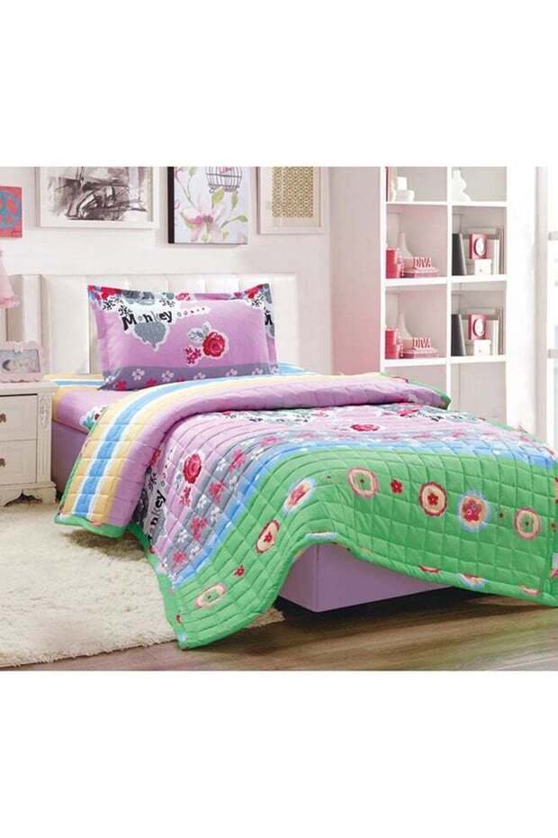3-Piece Microfiber Quilted and Compressed Comforter Set - Pink/Green/Red Single