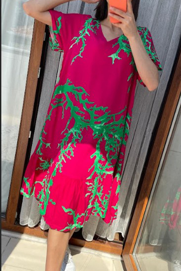 Women's Fuchsia Green V Neck Pocket Patterned Half Sleeve Midi Dress