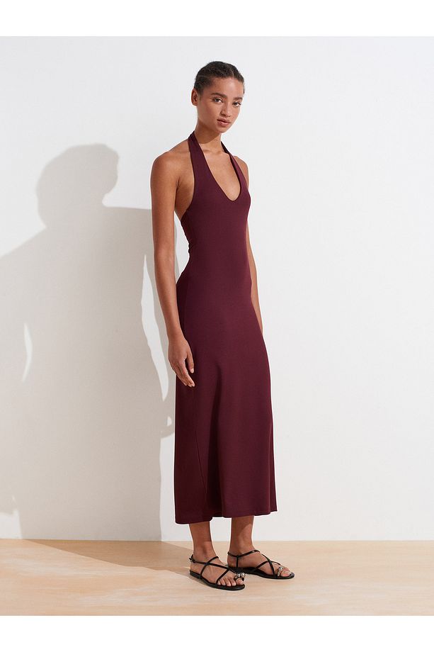 91476 Halter Yaka Midi Elbise-Bordo - 3