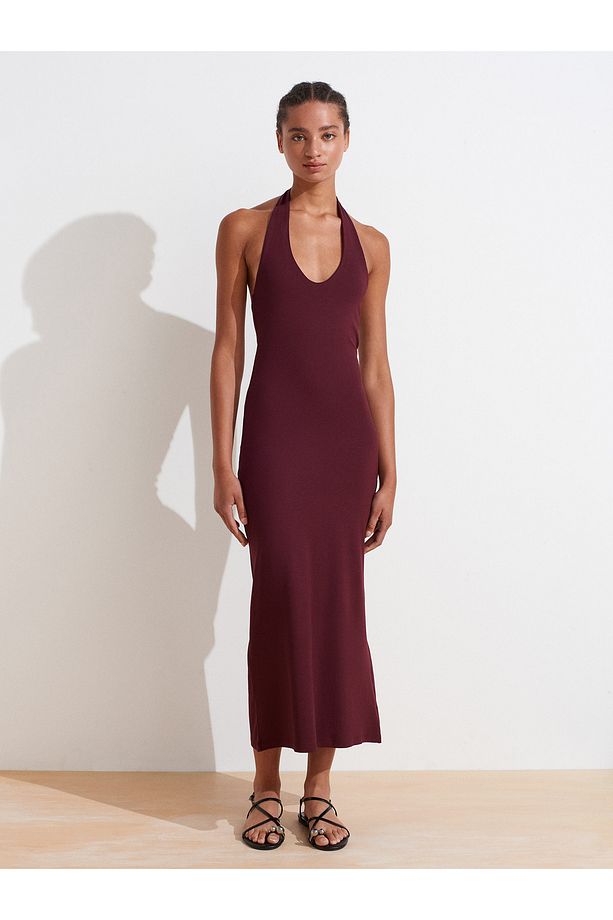 91476 Halter Yaka Midi Elbise-Bordo - 5