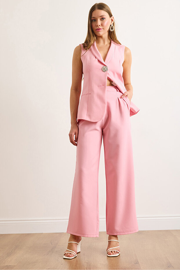 Women's Pink Buttoned Pleated Palazzo Double Trousers Pnt-19000355