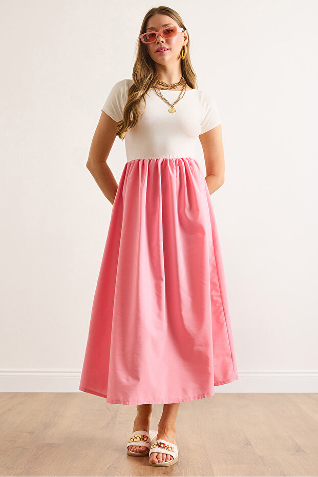 Women's Ecru Candy Pink Garnished Short Sleeve Midi Dress Elb-19002366