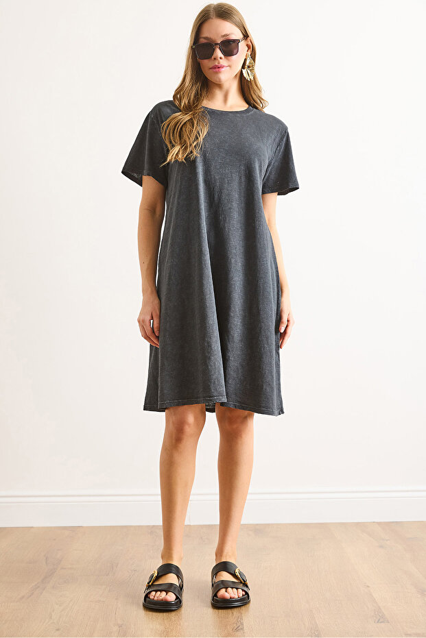 Women's Black Crew Neck Washable Dress Elb-19002464