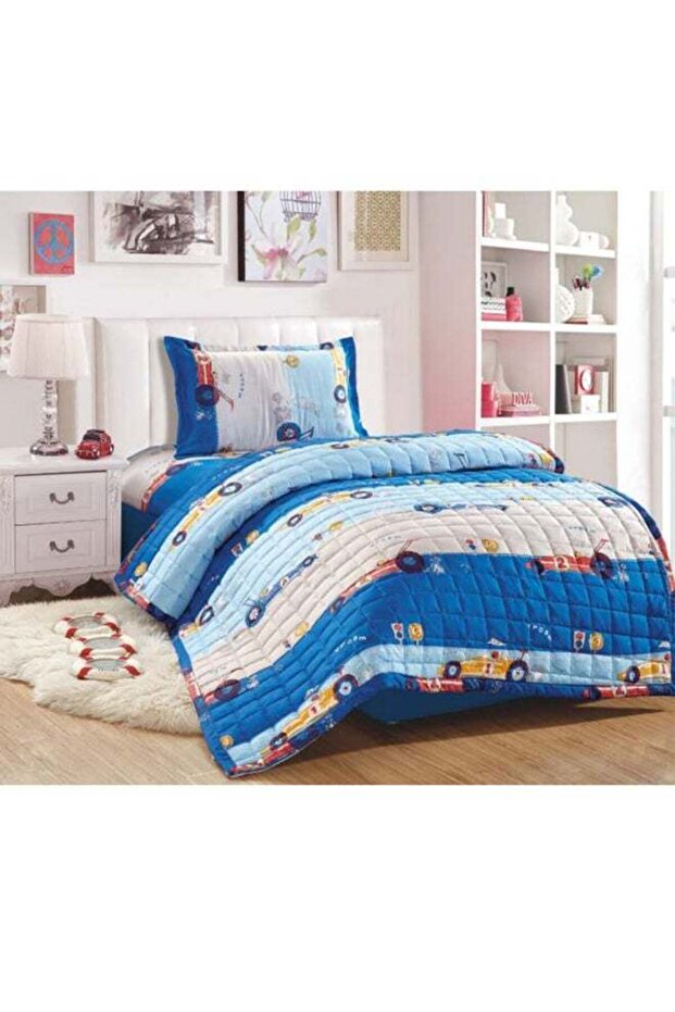 طقم سرير من 3 قطع من الألياف الدقيقة - أزرق وأبيض - مفرد - 1