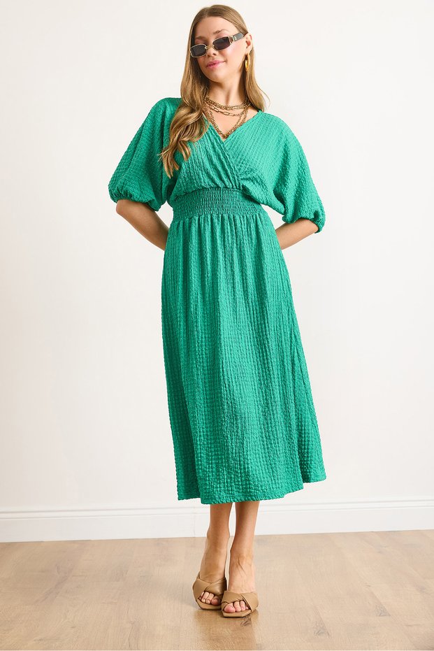 Women's Grass Green Waist Gipeli Double Breasted Collar Midi Dress Elb-19002100