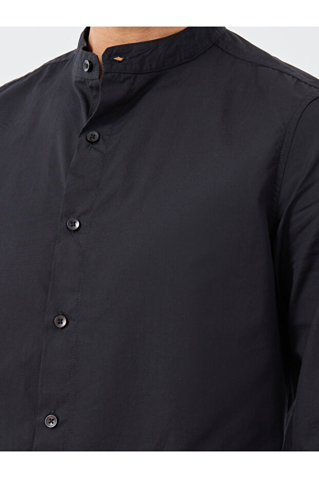 قميص بوبلين سادة بياقة ماندرين وقصّة عادية - 3