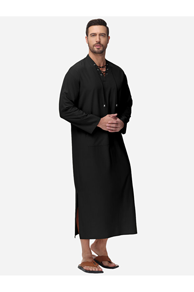 Solid Drawstring Long Sleeve Pocket Detail Robe - 3