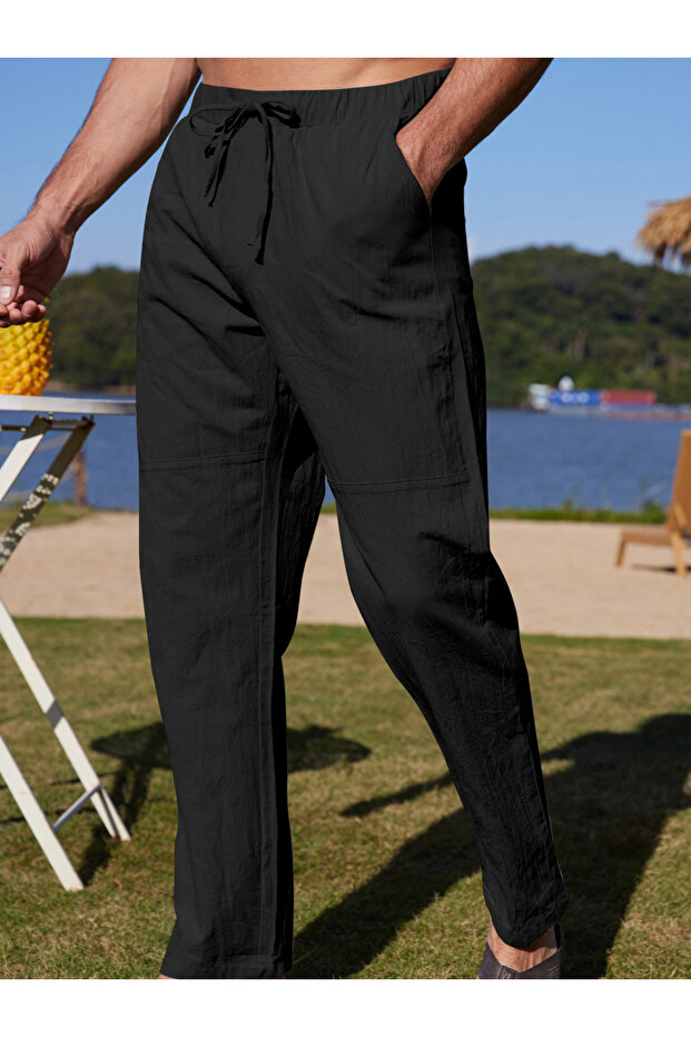 بنطال سادة بساق مستقيمة مع رباط - 1