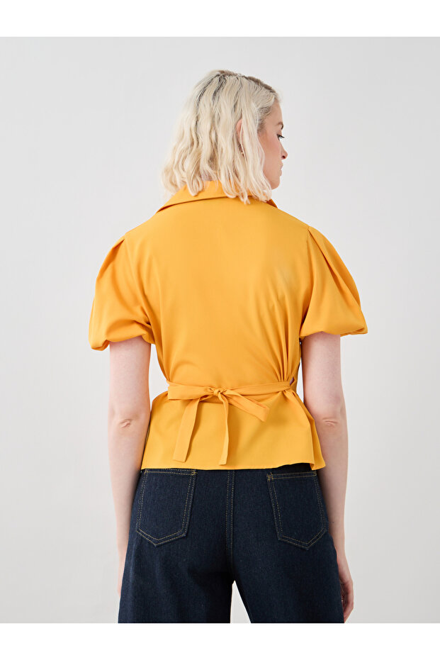 Solid Puff Sleeve V-Neck Wrap Top - 4