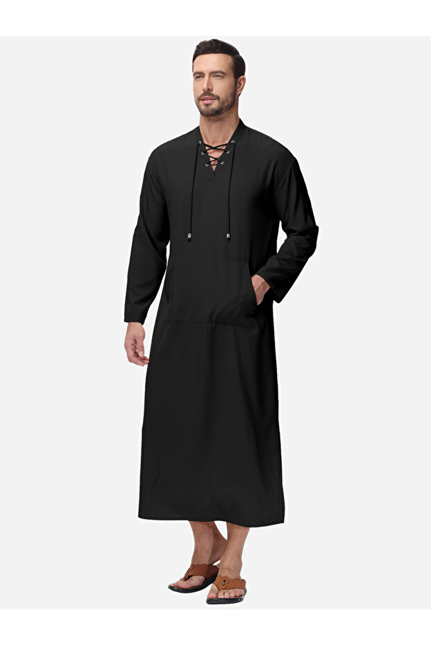 Solid Drawstring Long Sleeve Pocket Detail Robe - 1