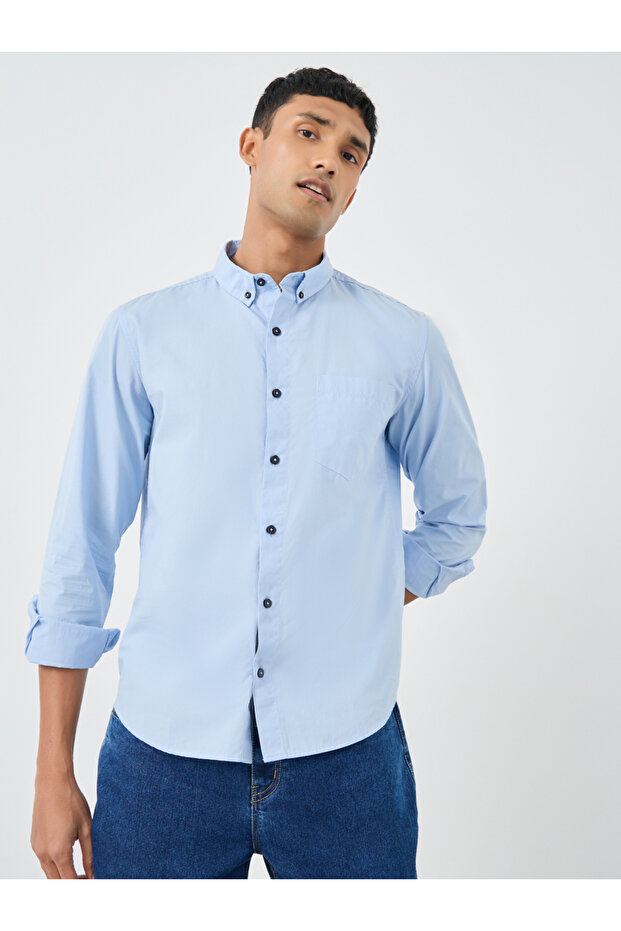 قميص بوبلين سادة بأزرار وقصّة عادية - 1