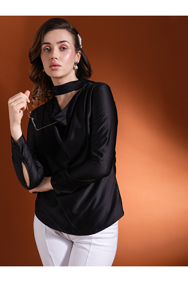 Solid Satin Cowl Neck Top - 1