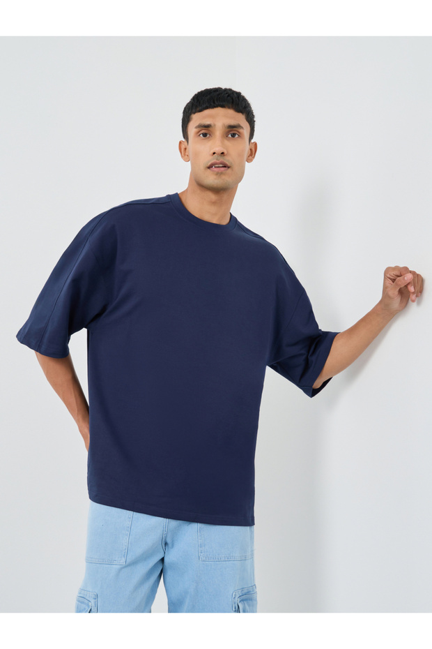 Solid Terry Boxy Fit Round Neck T-Shirt