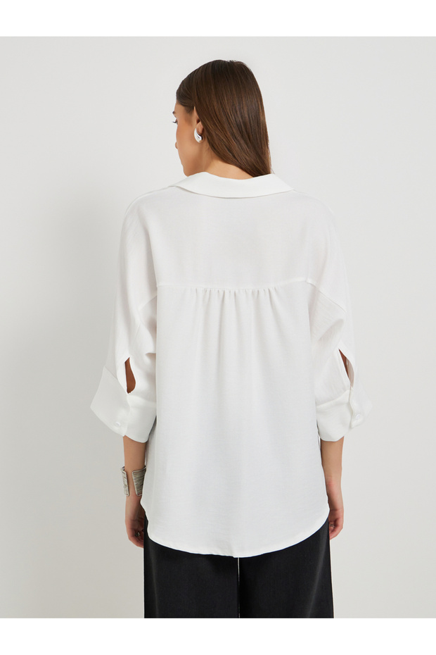 قميص كبير الحجم بياقة واسعة سادة - 4