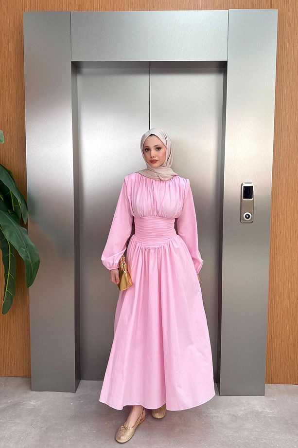 Belden Büzgülü Poplin Elbise - Pembe - 2
