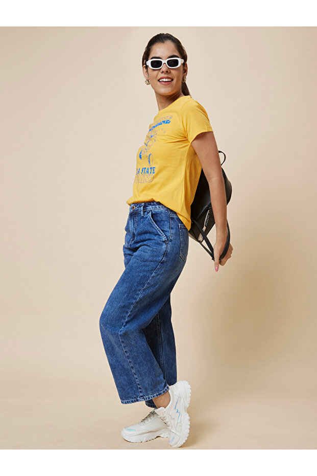 Slogan Print Round Neck Cotton T-Shirt