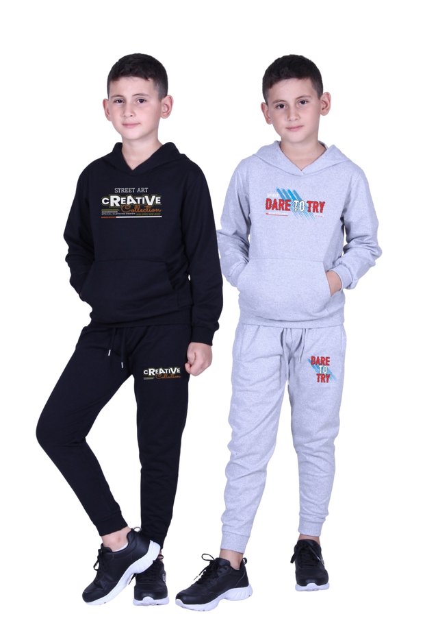 Boy's Printed Kangaroo Pocket Hooded 2-Piece Track Suit Set
