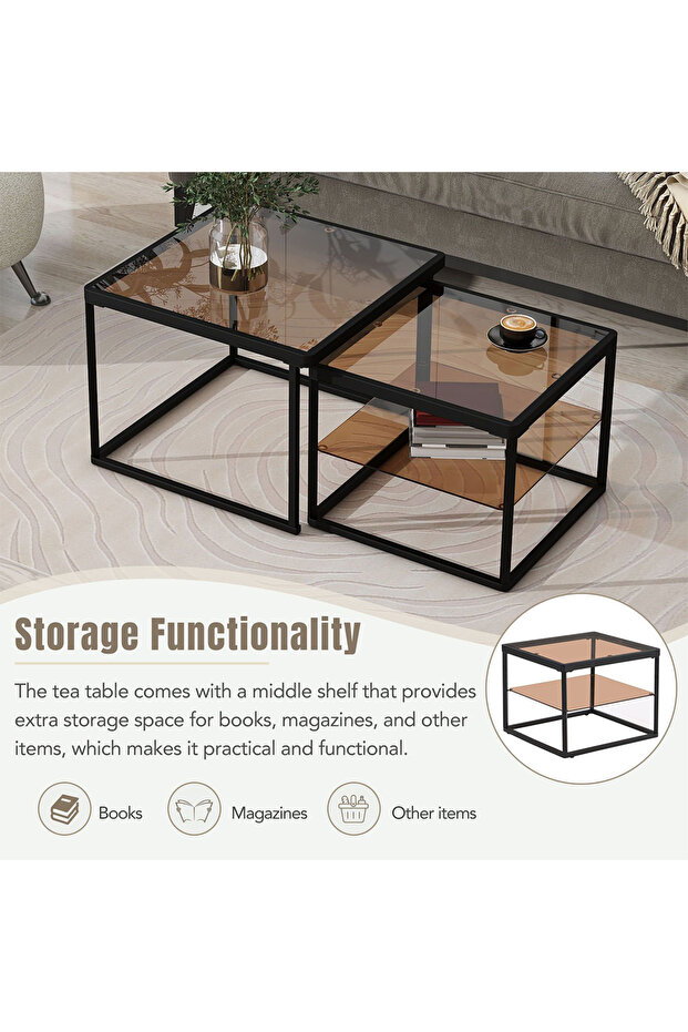 Modern Nested Coffee Table Set,brown Tempered Glass Side Table,end Table For Living Room - 5