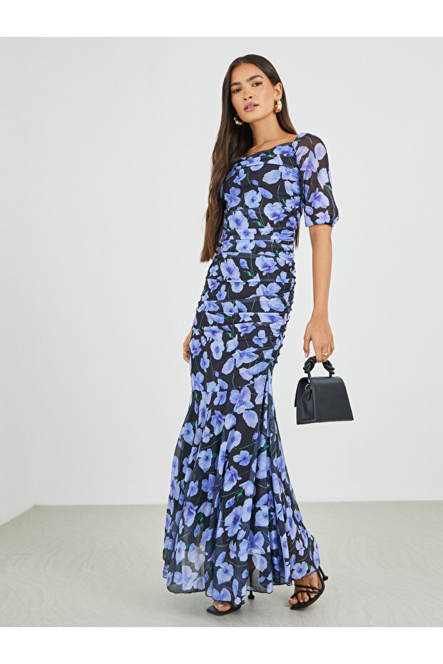 All-Over Floral Print Ruched A-Line Maxi Dress