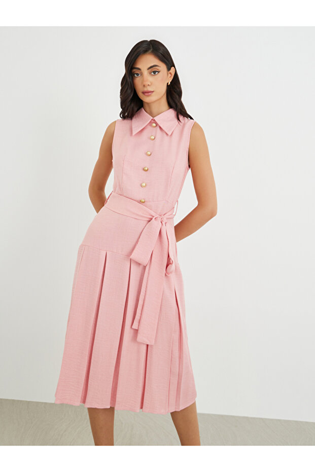 Plain Sleeveless Pleated A-Line Midi Dress with Tie Waist