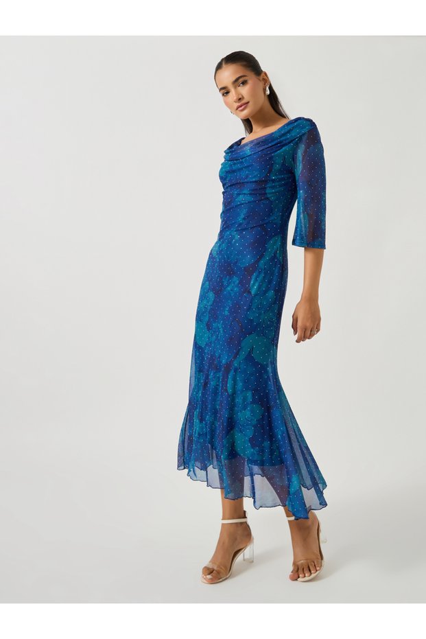 Printed Wide Neck Bell Sleeves Mermaid Hem Midi Dress