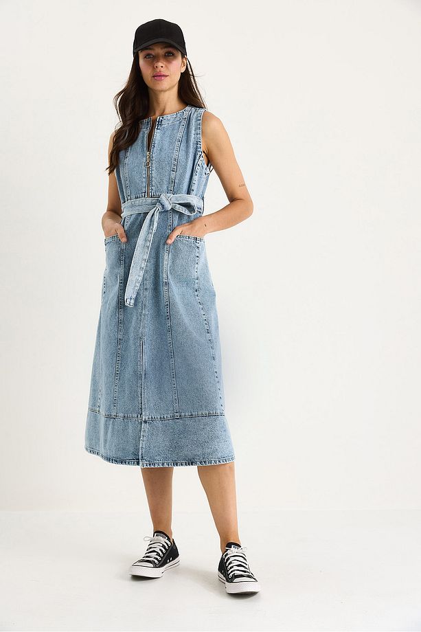 Kadın Önü Fermuarlı Torba Cepli Kuşaklı Denim Elbise 60283439 - 3