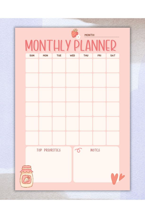 Çilekli Aylık Planlayıcı, A5 Boyut, Monthly Planner, Memopad, To Do List, Bloknot, Notepad - 1