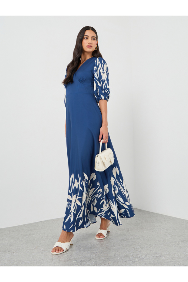 Printed Balloon Sleeves A-Line Maxi Dress