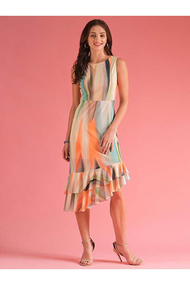 Women Abstract Print Ruffled Asymmetric Hem Sheath Midi Dress
