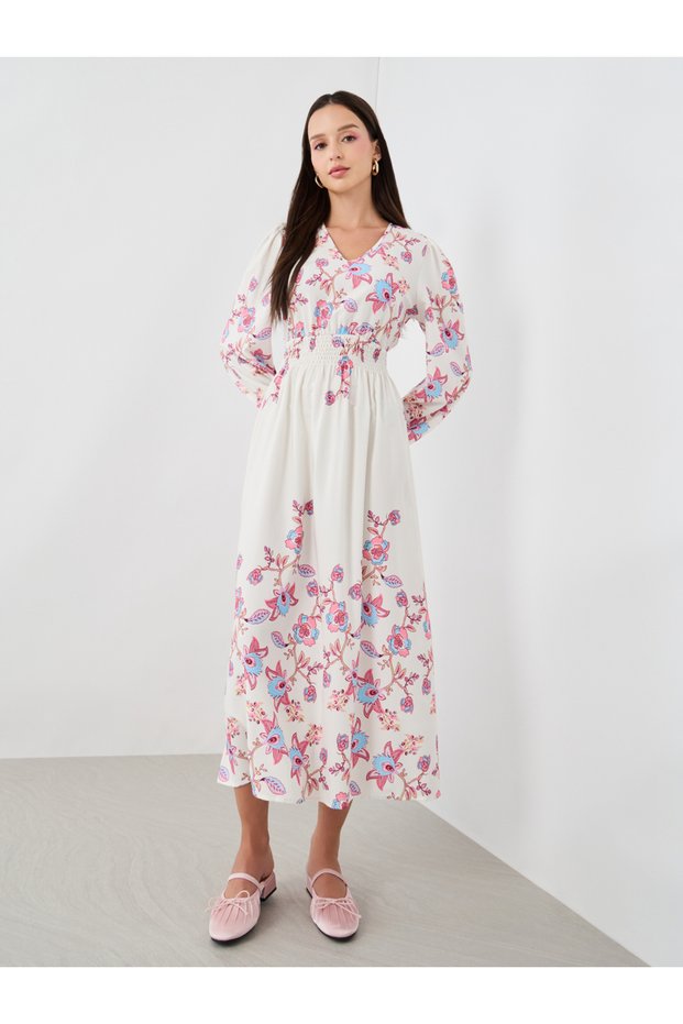 Floral Printed Balloon Sleeve Midi Dress with Smocked Details