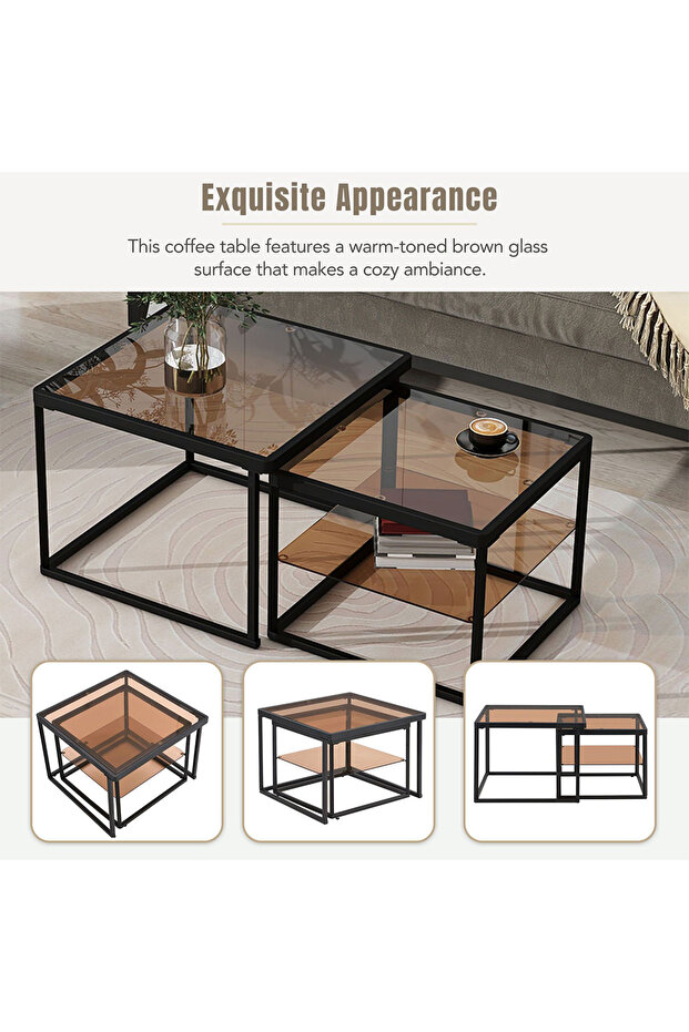 Modern Nested Coffee Table Set,brown Tempered Glass Side Table,end Table For Living Room - 6