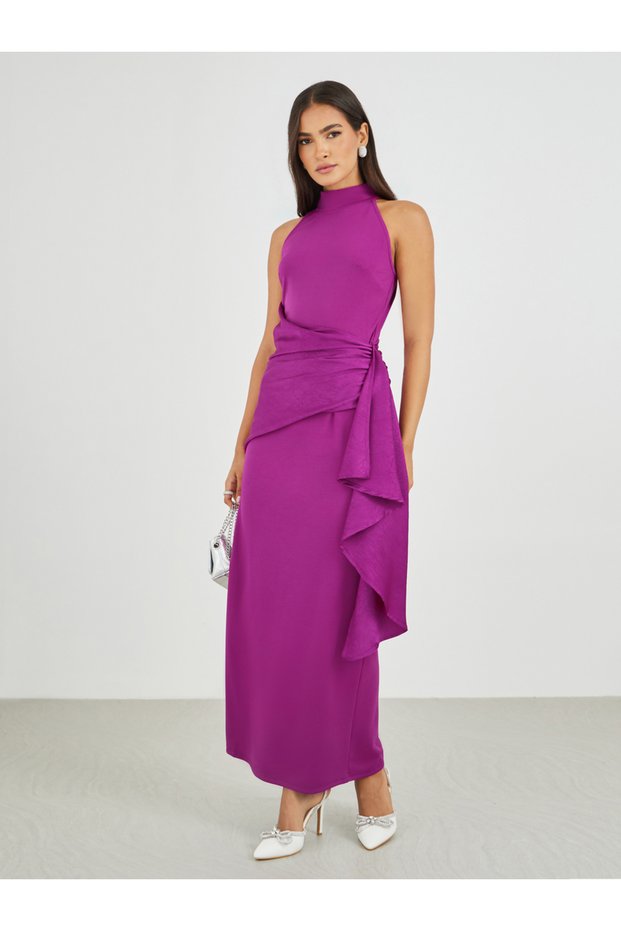 Plain Halter Neck Sheath Maxi Dress with Drape Overlay